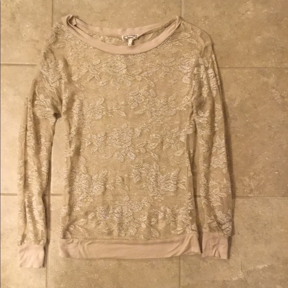 Kirra Tan Beige Lace Shimmery Top Blouse  XS